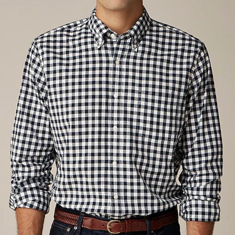J. Crew Slim Untucked Secret Wash Organic cotton Gingham shirt -Navy/Withe, Sz S
